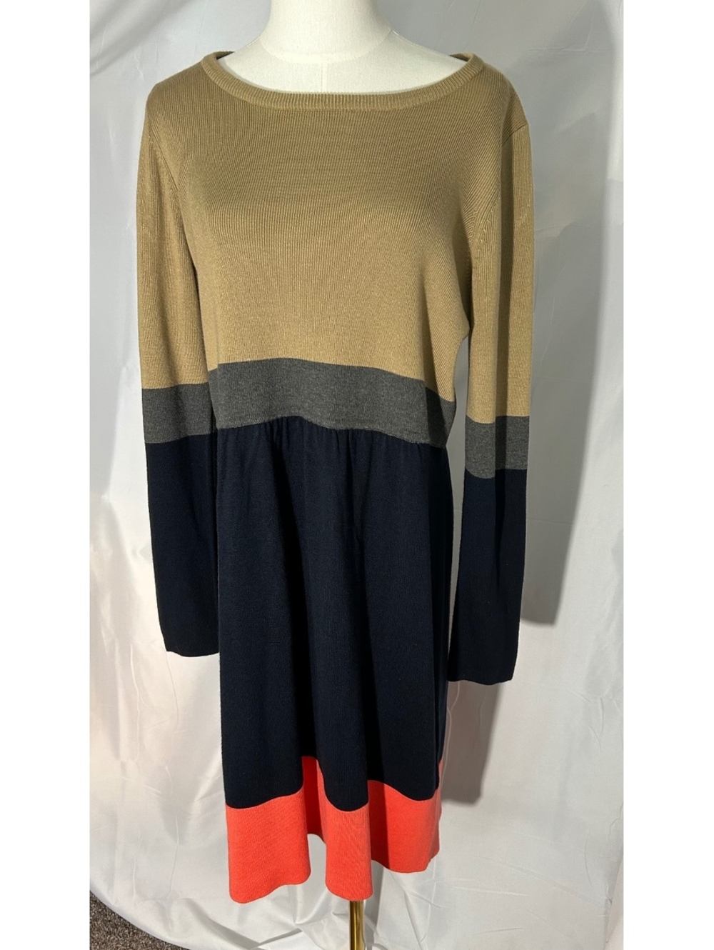 Jessica Howard L Colorblock Knit Sweater Dress Long Sleeve Navy Tan Coral Gray